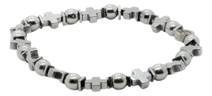 Cross Beaded Silver Hematite Stone Men Bracelet
