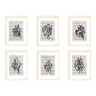 Natural Wood Shadow Box Framed Original Drawings 'Black and White Floral Abstractions on Music Score Sheets' #3 - Wall Gallery Installation - Set of 6 For Sale
