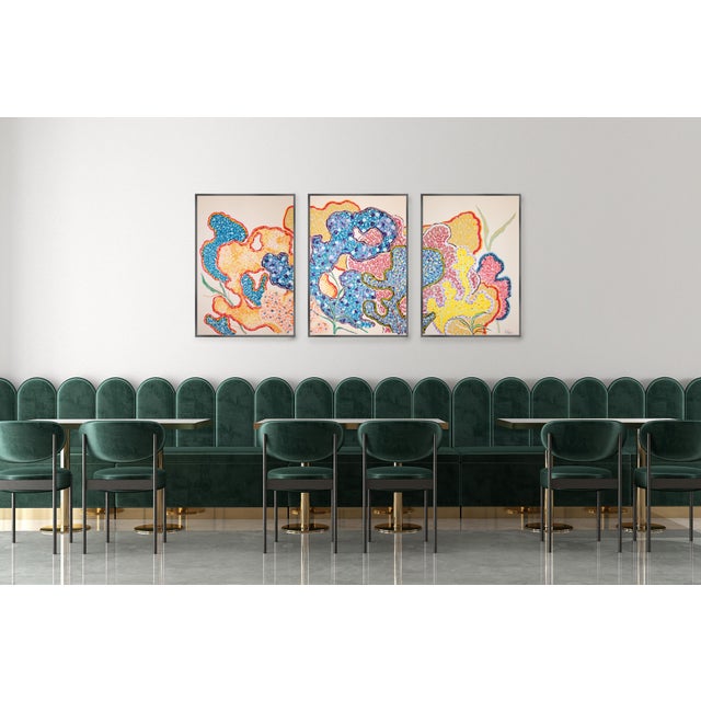 2025, Large Coastal Triptych, Coral Forest, Organic Forms, Illustration Style Gouache Crayon on Watercolor Paper by Romina Milano For Sale - Image 9 of 11