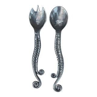 Vintage Patrick Meyer Signed Pewter Tentacle Salad Servers - Pair For Sale
