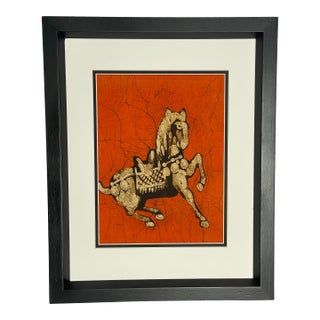 Vintage Mid-Century Batik Tang Horse Textile Art, Newly Framed For Sale