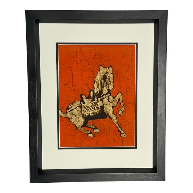 Vintage Mid-Century Batik Tang Horse Textile Art, Newly Framed For Sale