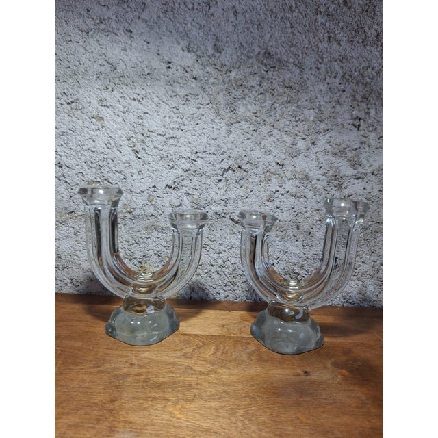 Glass Art Deco Double Candlestick in Molded Pressed Glass, 1930, Set of 2 For Sale - Image 7 of 7