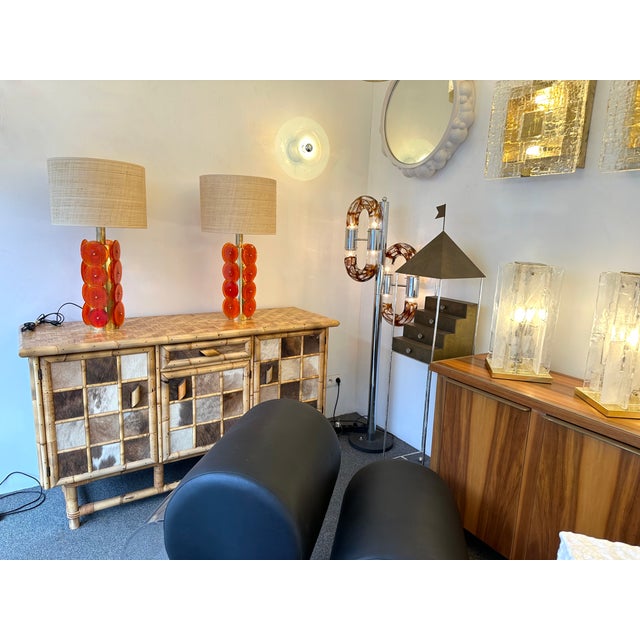 Contemporary Pair of Brass Murano Glass Orange Disc Lamps, Italy For Sale - Image 9 of 12