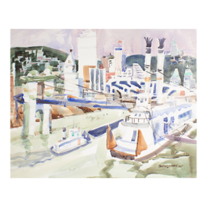 Signed Watercolor Painting of a City by Sanford Brooks