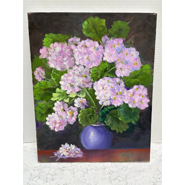 Vintage canvas painting of lush pink and purple hydrangeas in a bold violet blue vase. I love the contrast of the dark...