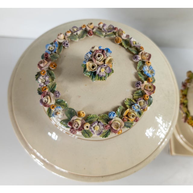 Mid-Century Pair of Italian Capodimonte or Nove Style Floral Covered Urns For Sale - Image 9 of 16