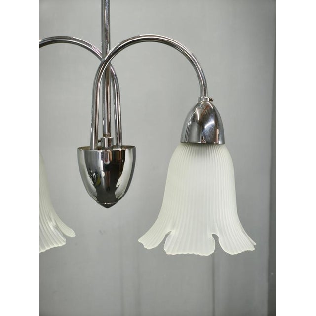 White Vintage Pendant Light in Chrome and Floral Glass by Elektroinstala Děčín, 1950s For Sale - Image 8 of 14