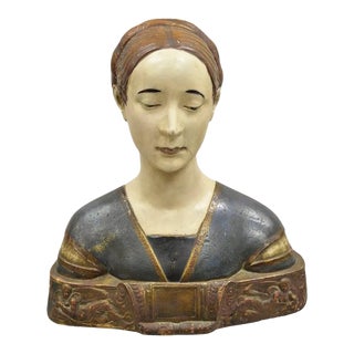 Vintage Polychrome Plaster Bust Ippolita Maria Sforza Statue Renaissance Style For Sale