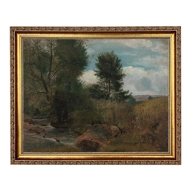 "River and Trees" Landscape Print on Canvas in Thin Gold Frame For Sale