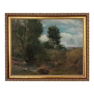 "River and Trees" Landscape Print on Canvas in Thin Gold Frame