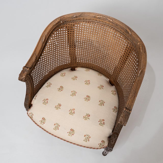 Wood 1920s Louis XVI Style Neoclassical Cane Barrel Bergère Chair in Carved Beechwood For Sale - Image 7 of 13