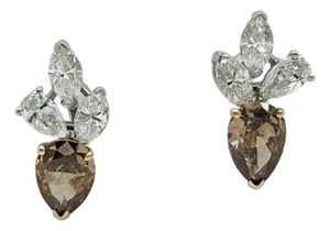 White and Brown Pear Diamond and Marquise Earrings in 14k 2 Tone Gold, A Pair
