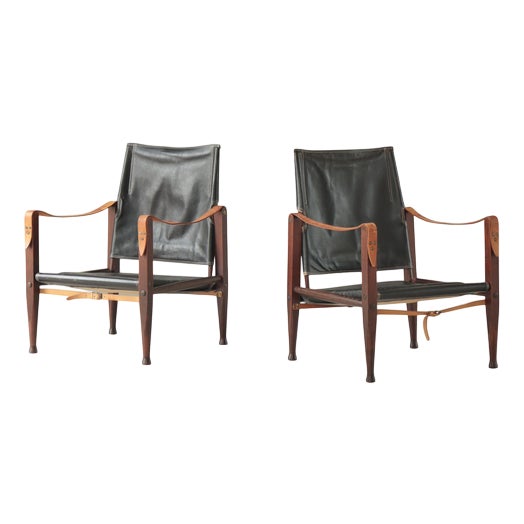 Safari Lounge Chairs in Black Leather and Ash attributed to Kaare Klint for Rud. Rasmussen, 1950s, Set of 2 For Sale
