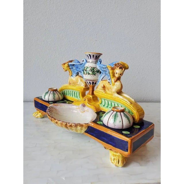 Ceramic Antique Italian Renaissance Majolica Double Inkwell For Sale - Image 7 of 11