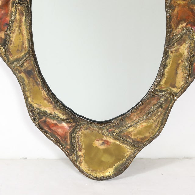 Mid-Century Brutalist Textural Welded Brass & Copper Bordered Signed Mirror For Sale - Image 9 of 16