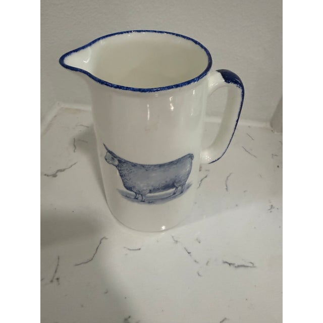 Vintage White Jug / Pitcher With a Sheep on Both Sides With Blue Trim From England For Sale - Image 4 of 8