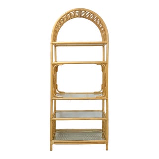 Vintage Arched Rattan Wicker Bamboo Shelf Hollywood Regency Coastal 5 Shelves For Sale