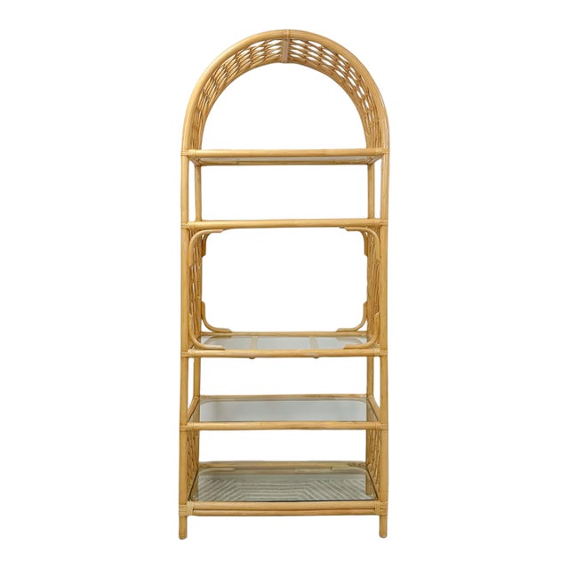 Vintage Arched Rattan Wicker Bamboo Shelf Hollywood Regency Coastal 5 Shelves For Sale