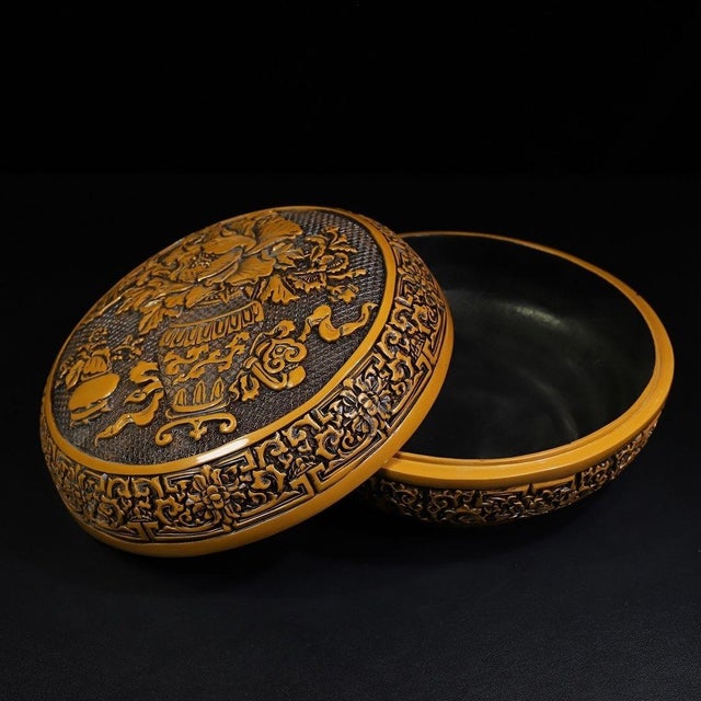 Late 20th Century Carved Yellow Lacquer Box With Peony and Auspicious Symbols For Sale - Image 5 of 9
