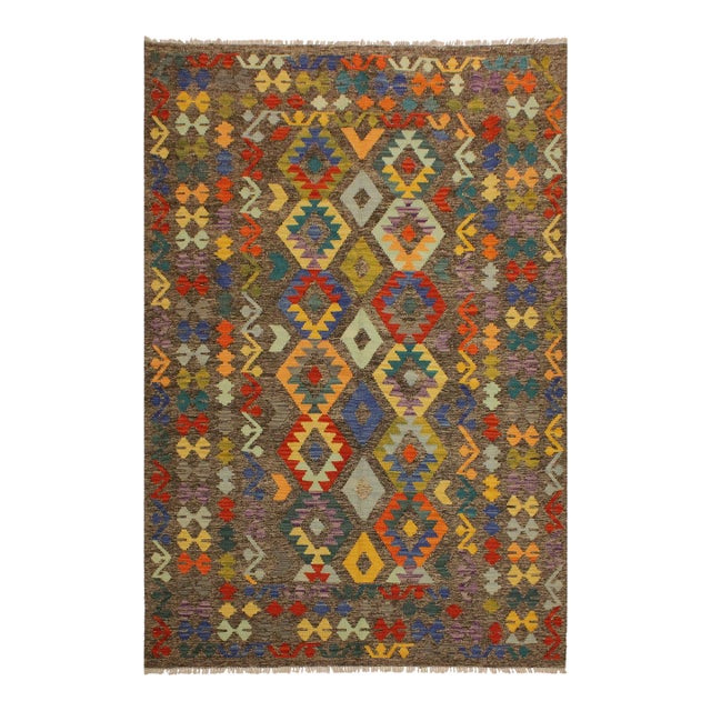 1990s 1990s Boho Chic Kilim Brown Blue Wool Rug - 5'6" X 7'9" For Sale