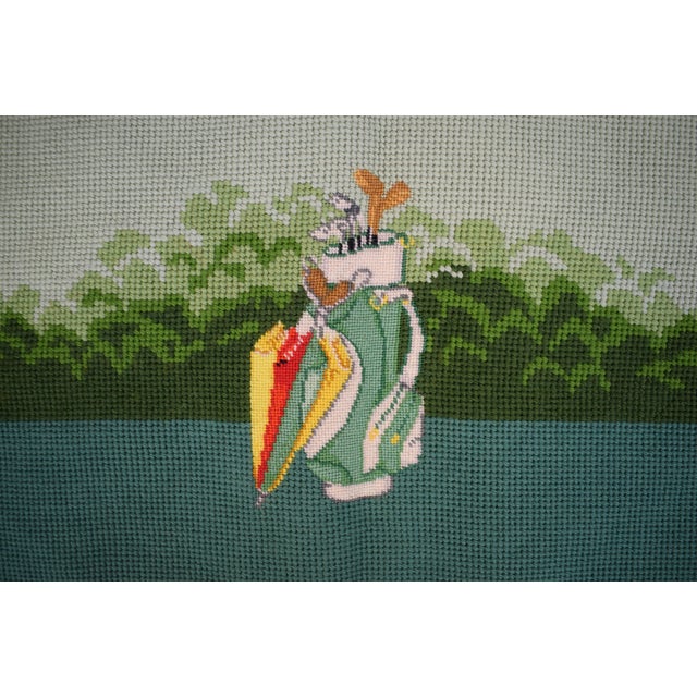 Mid 20th Century Hand Needlepoint Golfing Theme Bridge Table Cover W/ Forest Green Border For Sale - Image 5 of 9
