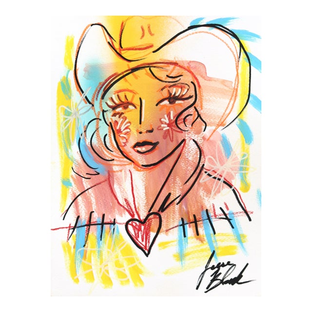 Rodeo Sweetheart - Original Retro Western Cowgirl Acrylic Portrait on Paper For Sale