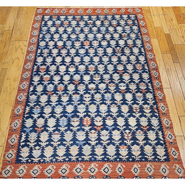 Mid 20th Century Vintage Kurdish Kilim Rug, Hand-Woven All-Over Paisley Pattern, Blue & Brick, 6x9 For Sale - Image 5 of 13