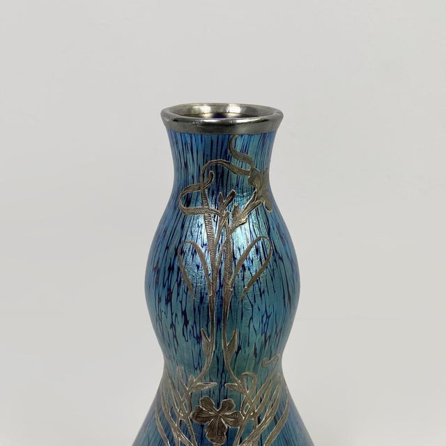 Glass Austrian Art Nouveau Style Blue Glass and Silver-Plated Vase, 1930s For Sale - Image 7 of 15