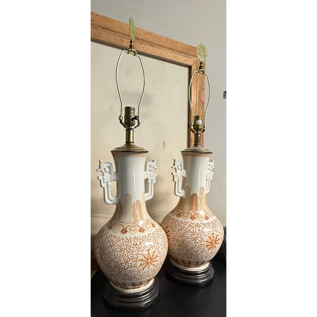 Pair of Large Vintage Crackle Glaze Porcelain Table Lamps With Brass Accents For Sale - Image 6 of 11