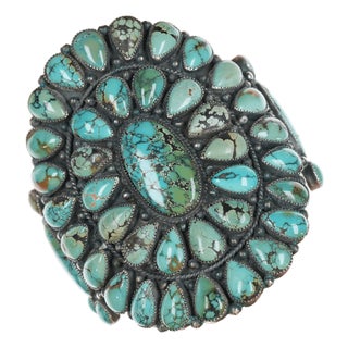 6.75" Large Navajo Silver and Turquoise Cluster Cuff Bracelet For Sale