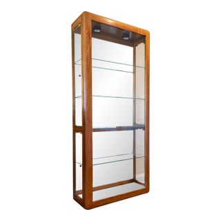 Vintage-Style Tall Oak Curio Display Cabinet W/ Illuminated Glass Shelves, Magnetic Doors & Antique Brass Knobs For Sale