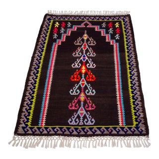 Handwoven Kilim 3x4 - Vintage Turkish Prayer Rug - Dark Brown Organic Wool - Tree of Life Wall Hanging - Small Tribal Accent Rug For Sale