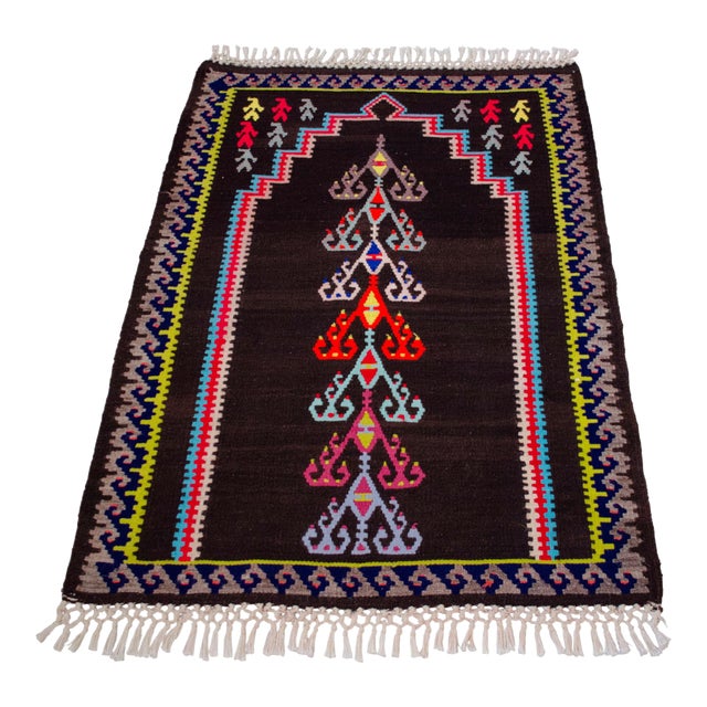 Handwoven Kilim 3x4 - Vintage Turkish Prayer Rug - Dark Brown Organic Wool - Tree of Life Wall Hanging - Small Tribal Accent Rug For Sale