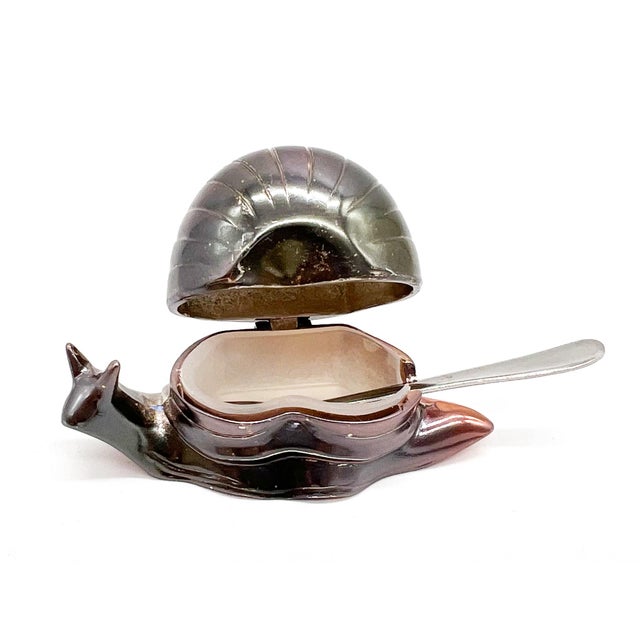 Mid-Century Modern Mid 20th Century Patinaed Silver Plated Snail Salt Cellar — Hinged Shell, Plastic Liner & Spoon- Boho Chic, Coastal For Sale - Image 3 of 9