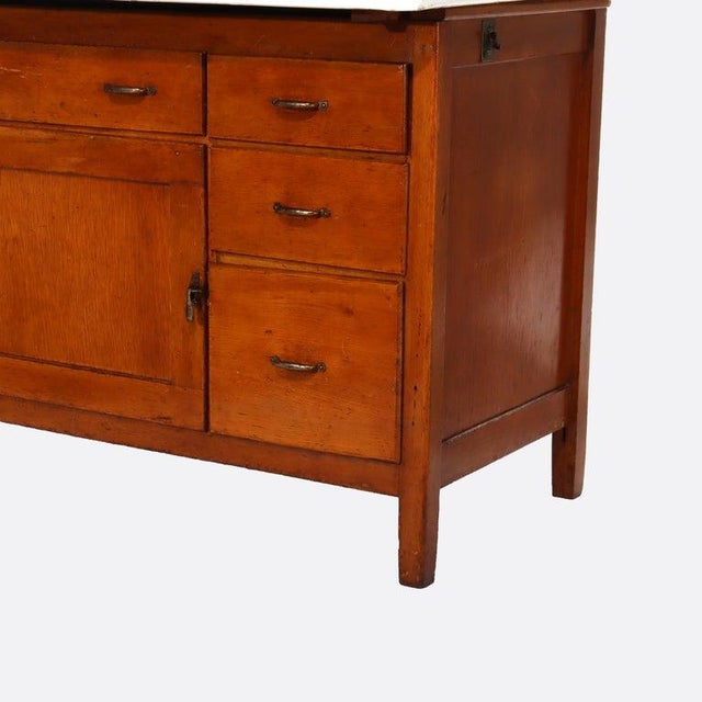 Antique Hoosier Oak Porcelain Top Cabinet With Mirror Unsigned C1920 Measures - 66 3/8" x 25 1/4" x 41 1/8" This antique...