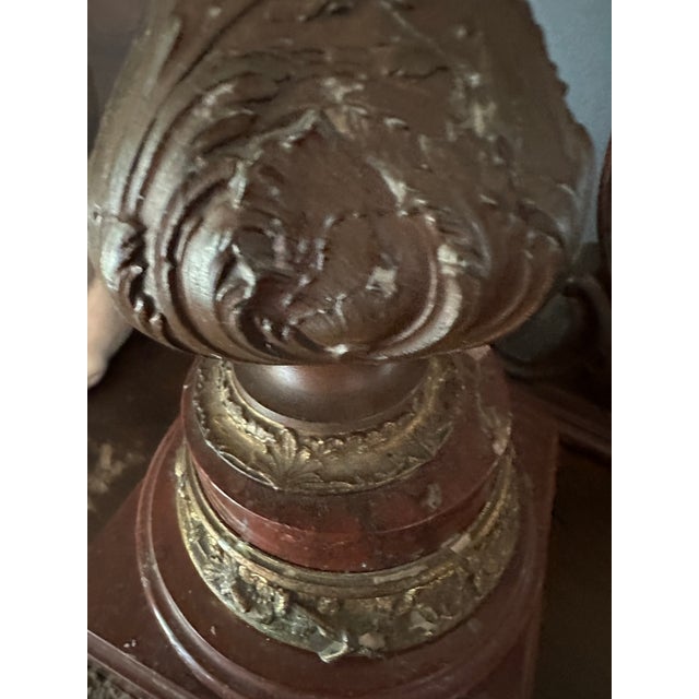 Bronze 19th Century French Patinated Bronze Spelter and Rouge Griotte Marble Candelabras Garnitures Pair For Sale - Image 8 of 12