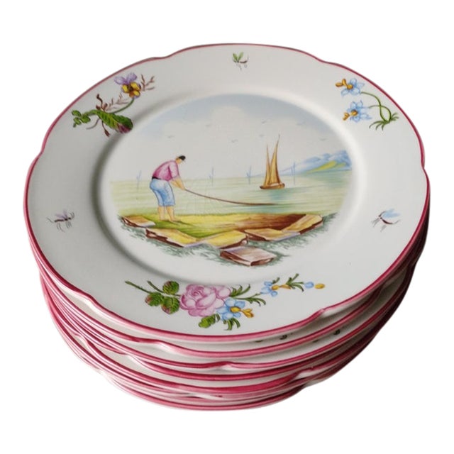 1980s Hand Painted c.e. Corey Portugal Dinner Plates - Set of 12 For Sale