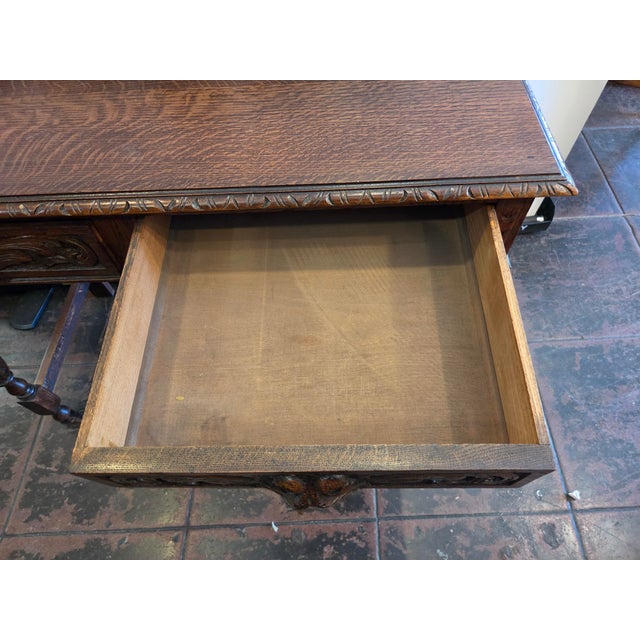 Antique 1880 Carved Lion Desk Solid Quater Sawn Oak Renaissance Revival Spanish Revival For Sale - Image 4 of 14