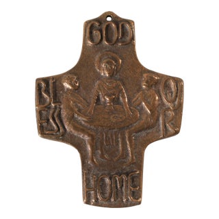 Brutalist-Style Bronze Wall Cross Depicting the Last Supper "God Bless Our Home" For Sale