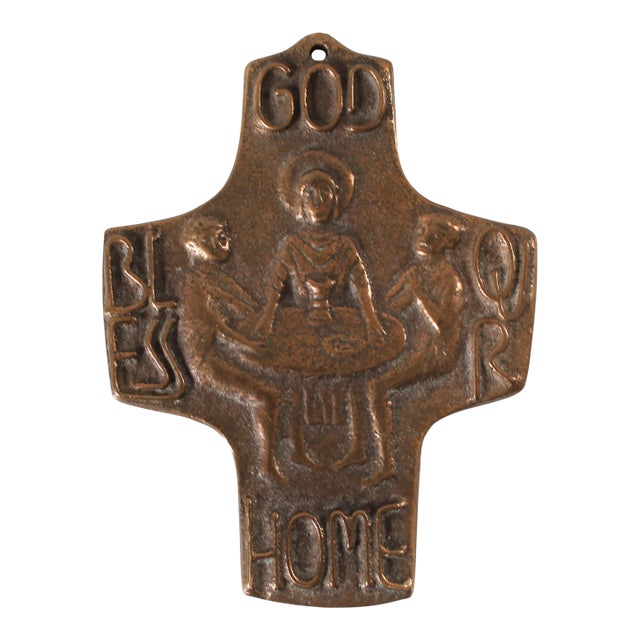Brutalist-Style Bronze Wall Cross Depicting the Last Supper "God Bless Our Home" For Sale