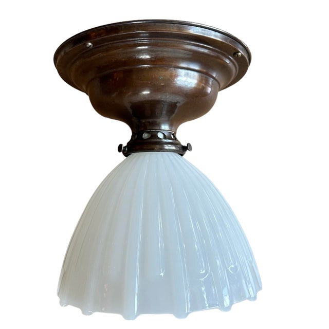 Clam Broth Shade on Original Brass Patina Flush Mount Holder, Circa 1920 For Sale In Los Angeles - Image 6 of 6