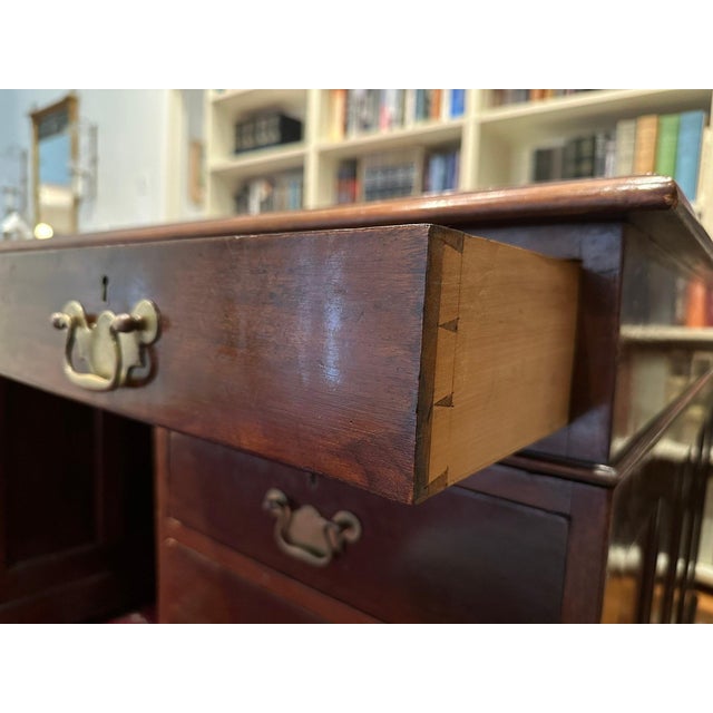 Wood Antique Mahogany English Tooled Leather Top Partner Desk For Sale - Image 7 of 12