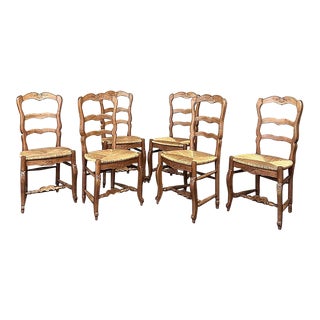 Set of 6 Country French Fruitwood Rush Seat Dining Chairs For Sale