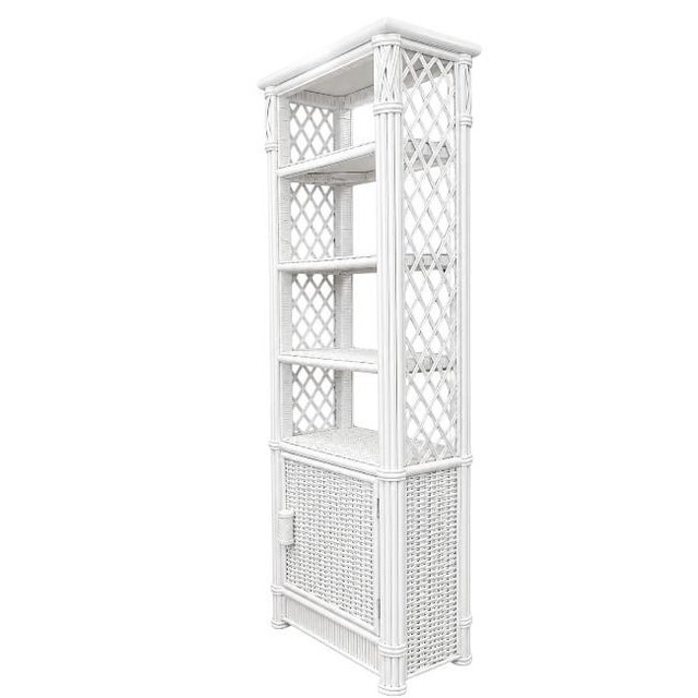 Pair of Petite White Lacquer Faux Bamboo & Wicker Étagère Cabinets For Sale - Image 4 of 9