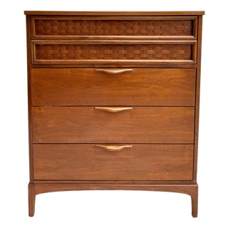 Mid-Century Walnut Highboy Dresser Attributed to Lane With Woven Basketweave Drawers For Sale