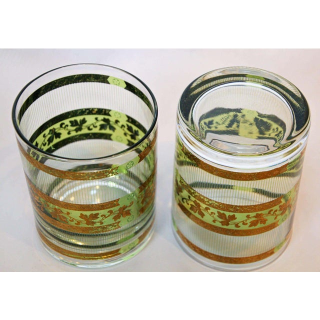 Mid 20th Century Vintage Culver Barware Cocktail Set Green and Gold Rock Glasses and Ice Bucket For Sale - Image 5 of 17