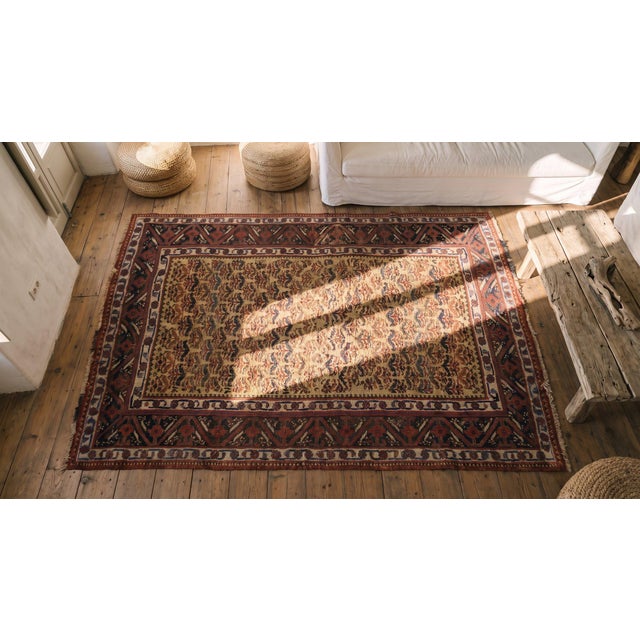 1880s Soft Yellow Floral Hand Knotted Antique Persian Bijar Rug 4'6" X 8'10" Wool Carpet For Sale - Image 9 of 9