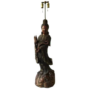 Large 1880s Carved Wood Asian Figural Table Lamp