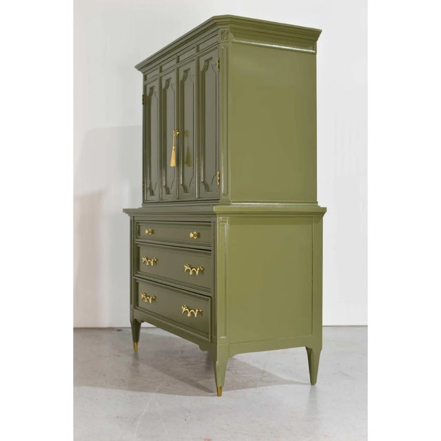 Mid Century Transitional Highboy Dresser by American of Martinsville in Olive Green - Newly Painted For Sale - Image 9 of 13